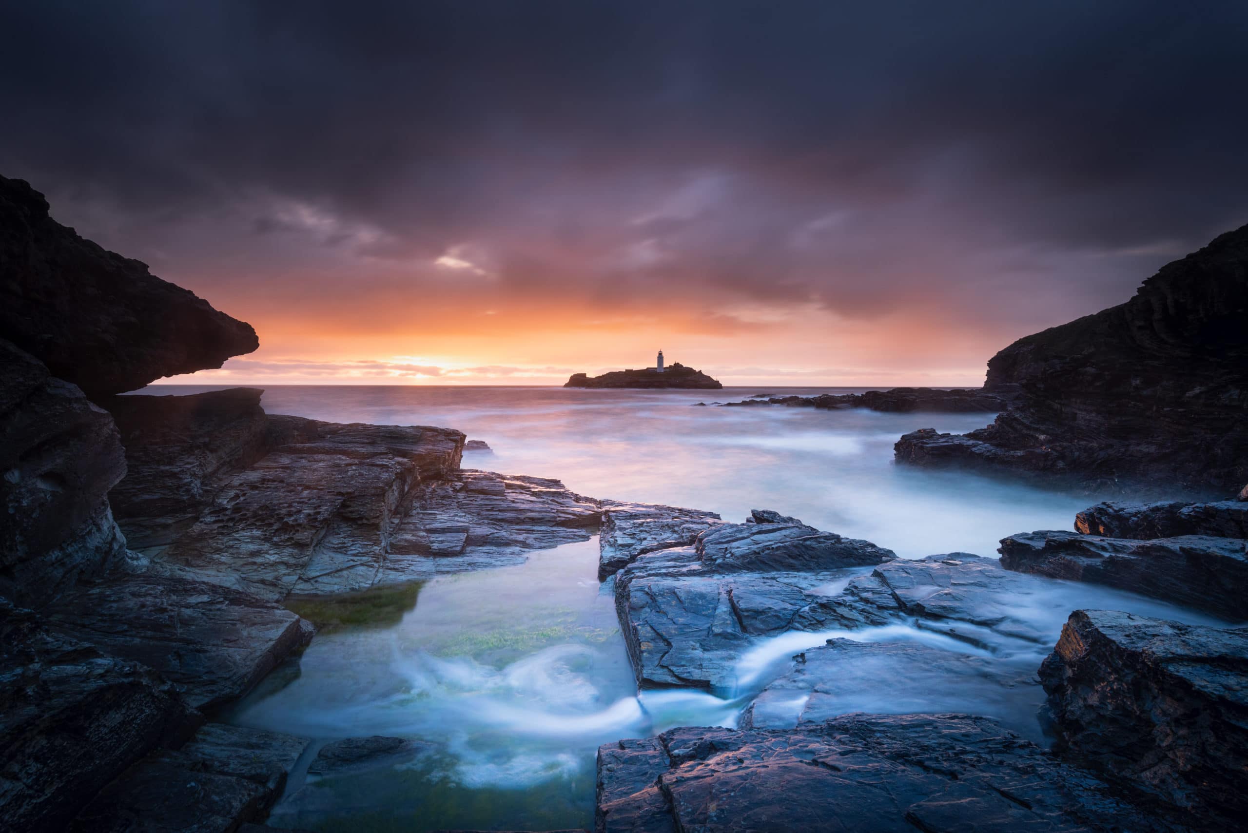 Sunset at spring tide, Godrevy Lighthouse, Cornwall