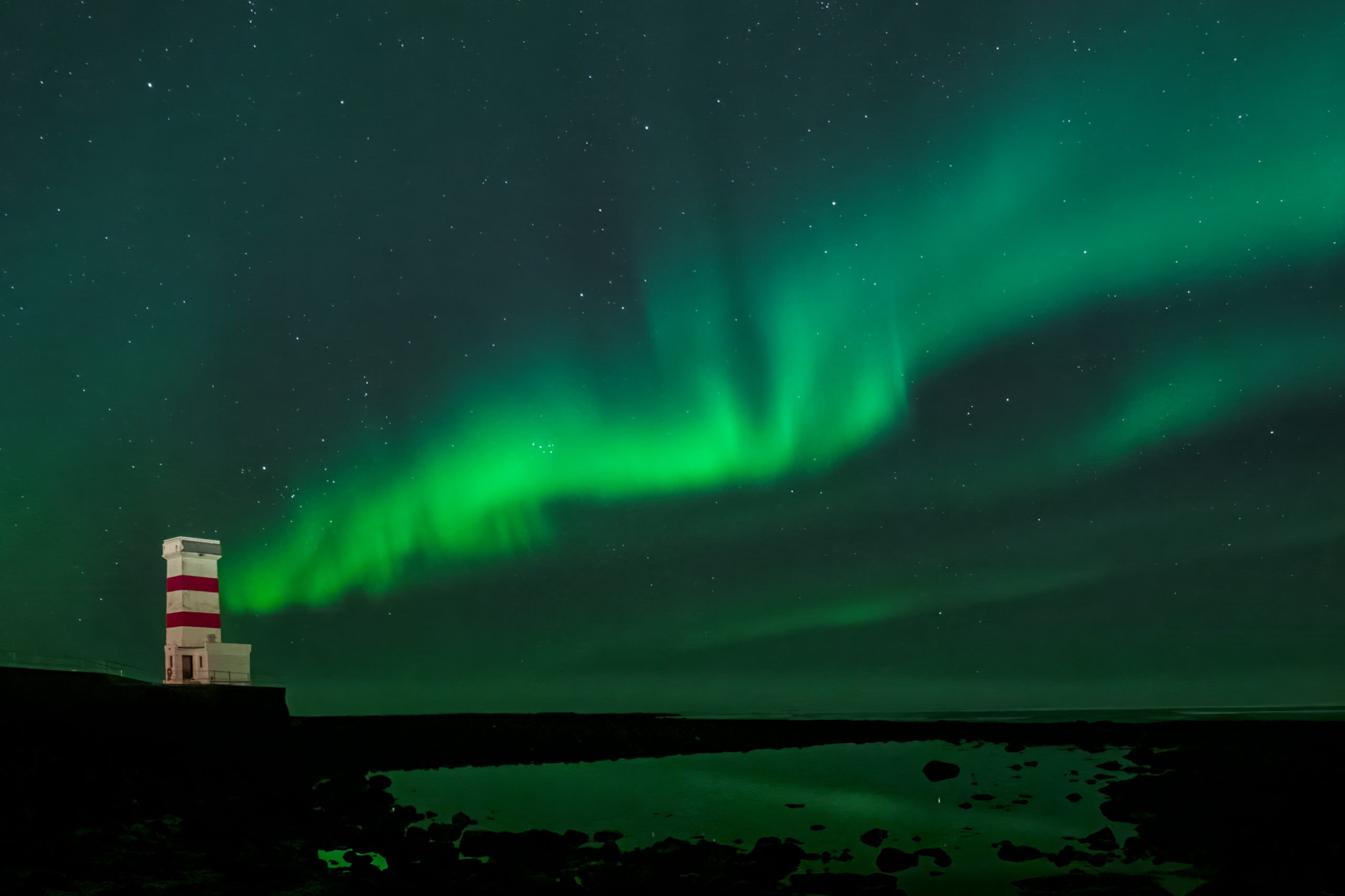 Northern Lights (Aurora Borealis) at Garður Lighthouse, Iceland