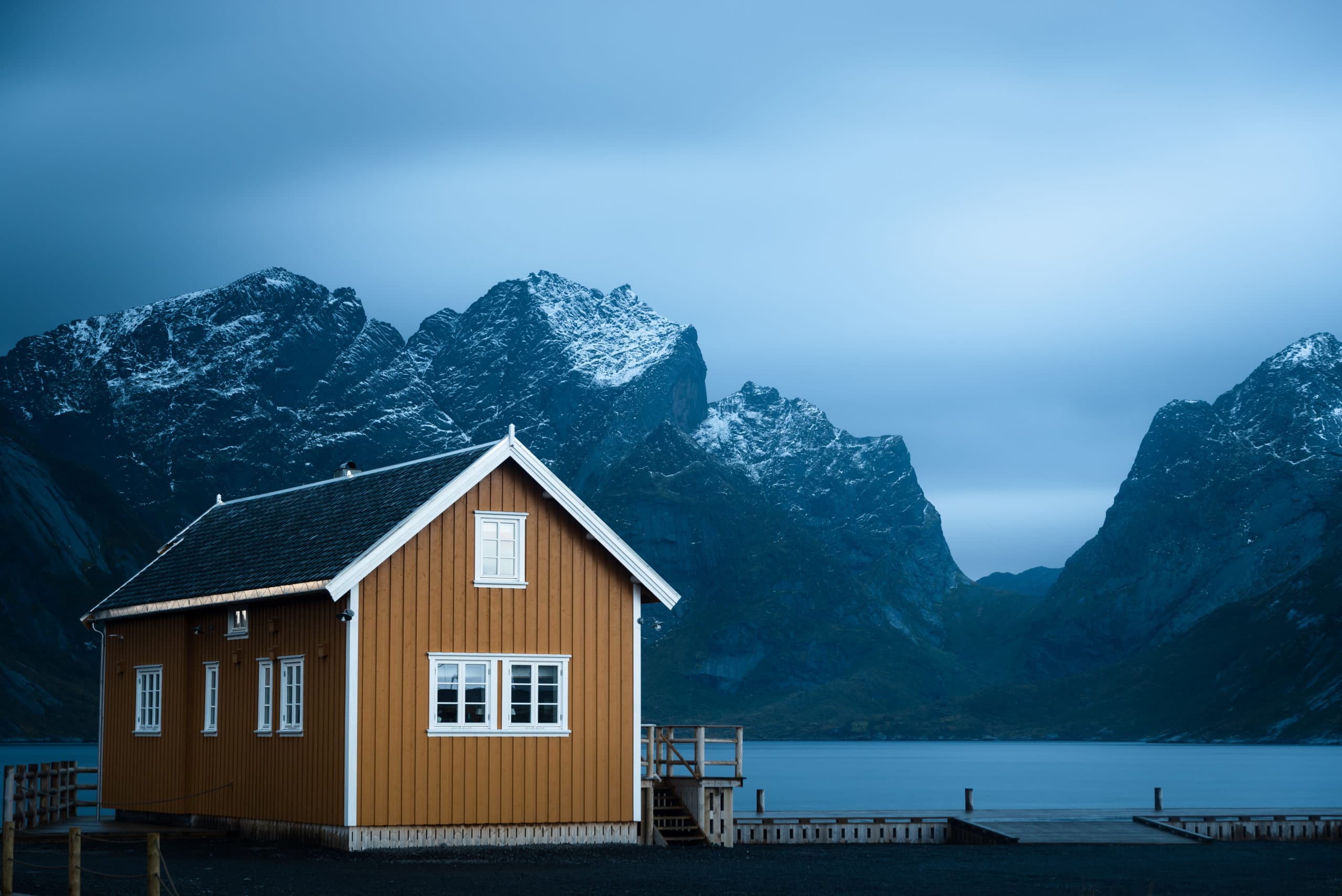 Sakrisoy blue hour yellow hut, Lofoten, Norway